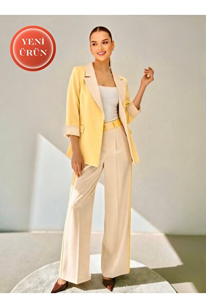 ossons Σετ Γυναικείο Κρεμ Παντελόνι Παλάτσο με Μπλέιζερ σε Χρώμα Αντίθεσης - ...
