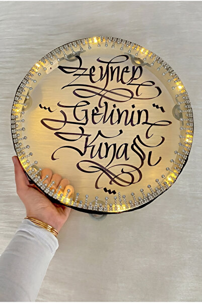 ZEYMERADE Gümüş Ledli Gelin Tefi 32cm, Parlak Sultan Taş Süslemeli Def, Düğün...