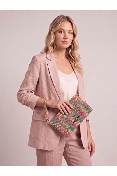 BEFELLE HOME Kadın Pembe Yeşil Çok Renkli Dokulu Hasır El Çantası Clutch Portföy