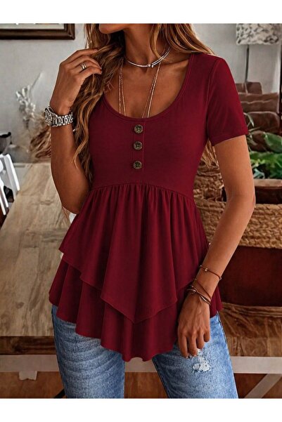 Kokosh moda بلوزة نسائية من الفيسكوز بياقة دائرية وأكمام قصيرة وقصة غير متماثلة