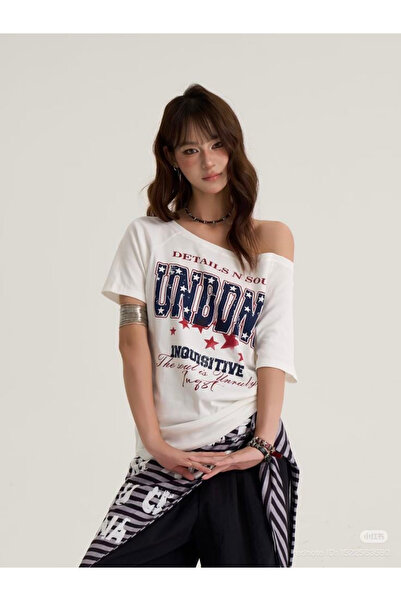 npLStore Γυναικείο μπλουζάκι με λαιμόκοψη καγιάκ, με στάμπα Unbon, Oversize, ...