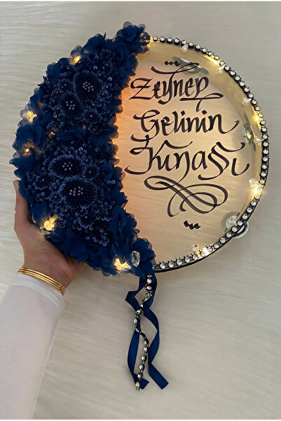 ZEYMERADE Lacivert Ledli Gelin Tefi 32cm, Aplik Çiçek Ve Parlak Taş Süslemeli...