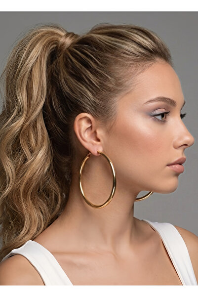 Eva Takı Store XL Halka Boru Model Altın Kaplama Gold Renk Çelik Küpe 8cm