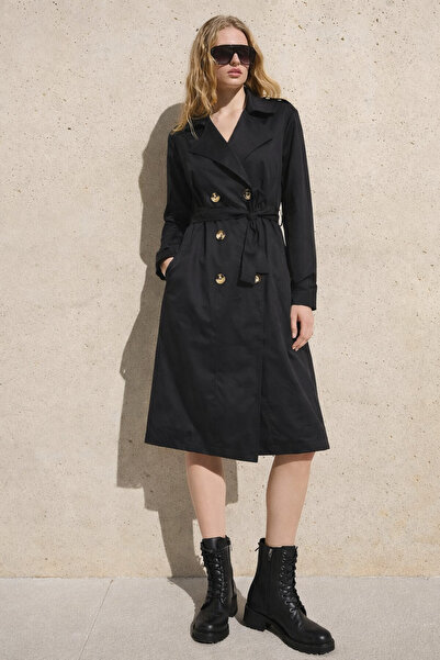 hacker Women's Casual Classic Long Black Trench Coat with Pockets