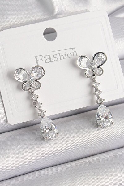 norsary Brass Silver Color Butterfly Model Dangle Drop Zircon Stone Women's E...
