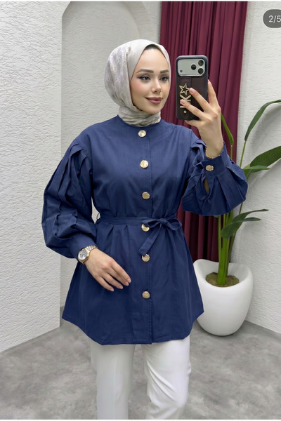 HİFADEN قميص نسائي بحزام ذهبي وأزرار مزخرفة وأكمام مطوية على شكل بالون، مناسب...