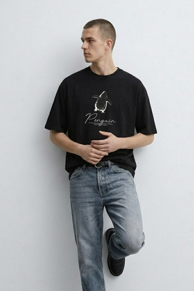 MATERIAL Ανδρικό καλοκαιρινό μπλουζάκι με στάμπα Penguin, μαύρο, oversize