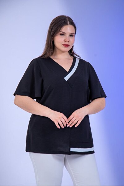 Roxxlen Γυναικεία μπλούζα μεγάλου μεγέθους με λαιμόκοψη V και διακοσμητικά στ...