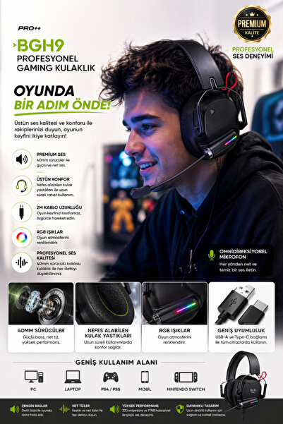 CROW'S TECH RGB Işıklı Gaming Kulaklık 40mm Sürücü Omnidirectional Mikrofon 2m Kablo USB-Type-c Girişli