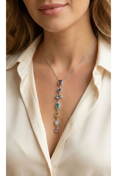 norsary Brass Colored Zircon Stone Model Silver Color 7 Element Women's Y Nec...