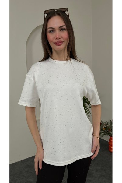 sahraozluk Front and Back Stone Detailed Crew Neck T-Shirt in White Color