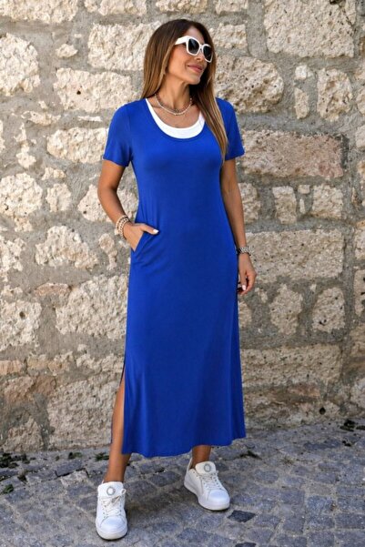 Modayakamoz Γυναικείο κοντομάνικο φόρεμα Με πλαϊνό σκίσιμο μακρύ Βισκόζη με ε...