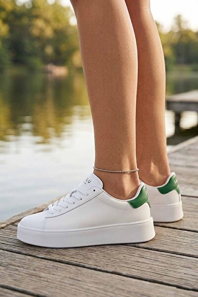 Lufian Γυναικεία λευκά πράσινα παπούτσια με λεπτομέρεια, ελαφριά σόλα πλατφόρ...