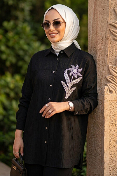 N.S NEVA STYLE Μαύρο ισλαμικό πουκάμισο με κουμπιά 10084S