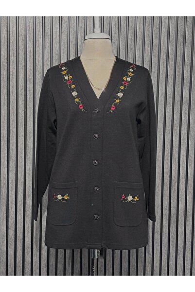 Özenli Triko Ατσάλινη πλεκτή πολύχρωμη κεντημένη ζακέτα μαμάς σε μαύρο χρώμα