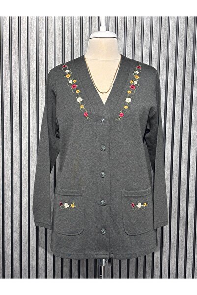 Özenli Triko Ατσάλινη πλεκτή πολύχρωμη κεντημένη ζακέτα μαμάς σε ανθρακί