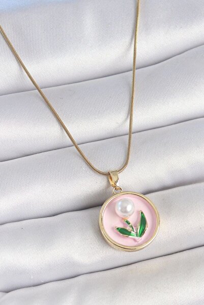 norsary 316L Steel Gold Color Chain Pink Enamel Pearl Flower Embroidered Port...