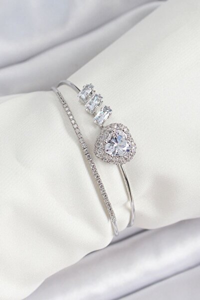 norsary Brass Silver Color Heart Zircon Stone Women's Bracelet