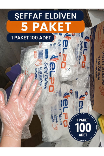 Genel Markalar Şeffaf Eldiven 5 Paket (100 Adet x 5) Tek Kullanımlık Hijyenik Eldiven