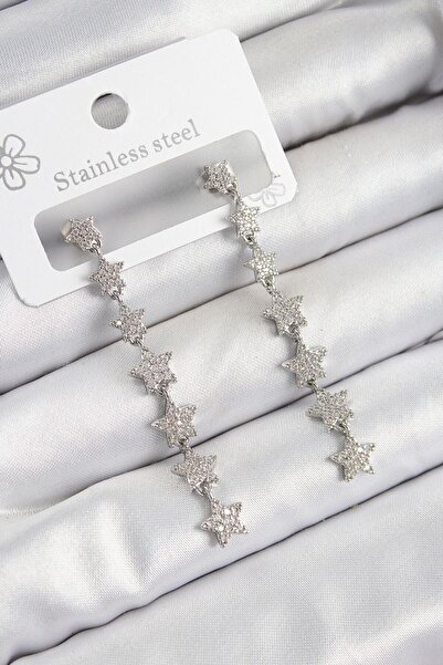 norsary Brass Zircon Stone Dangle Star Model Silver Color Women's Earrings