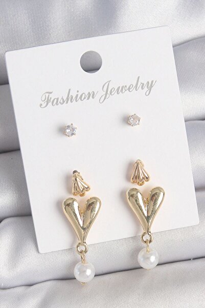 norsary Brass Gold Color Zircon Stone Pearl Dangle Heart Model 3 Pair Women's...