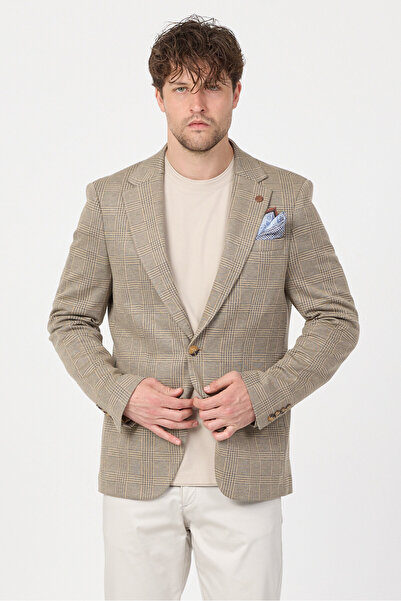 Frappoli Ribas Men's Beige Flexible Cotton Blend Plaid Patterned Sports Blaze...