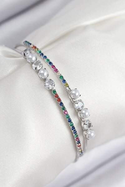 norsary Brass Zircon Stone Pearl Model Silver Color Women's Bracelet