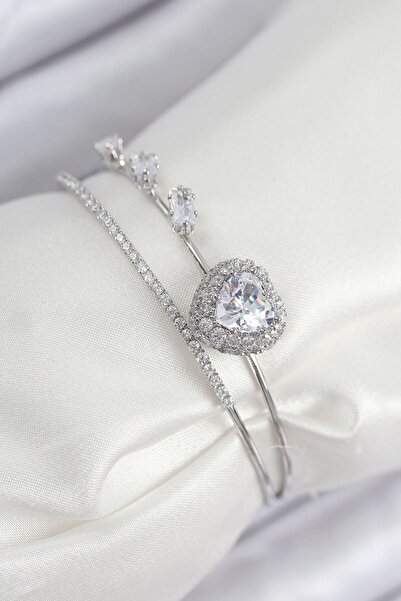 norsary Brass Zircon Stone Heart Model Silver Color Women's Bracelet