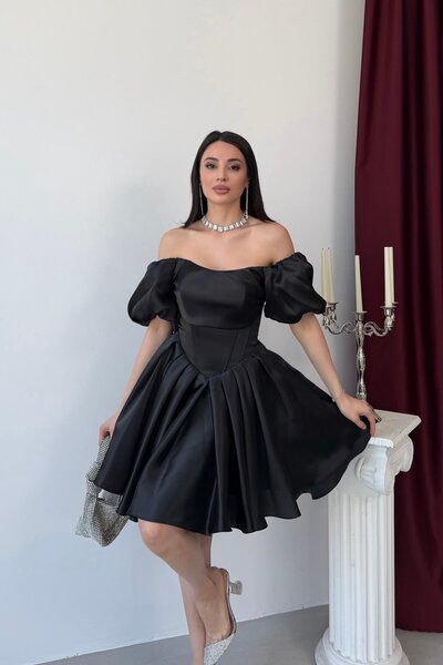 Serica Moda Μαύρο κοντό φόρεμα αποφοίτησης με μπούστο με μανίκια μπαλόνια και...