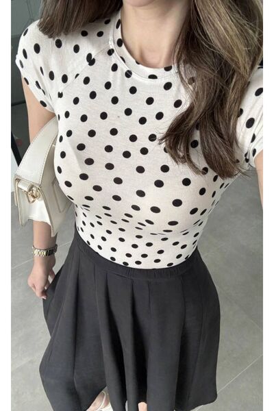 Lunea Womens Women's White Polka Dot Basic Cotton T-Shirt