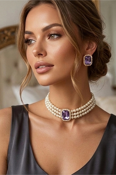 Happyline Cam İncili Lila Gold Kaplama Taşlı Tasma Choker Kolye Özel Tasarım ...