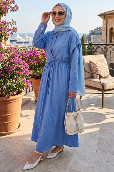 N.S NEVA STYLE Μπλε Φόρεμα Τεσεττούρ με Δέσιμο στη Μέση 20231M