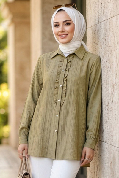 N.S NEVA STYLE Πουκάμισο Χακί με Λεπτομέρεια Βολάν και Καλύπτρα 10931AHK