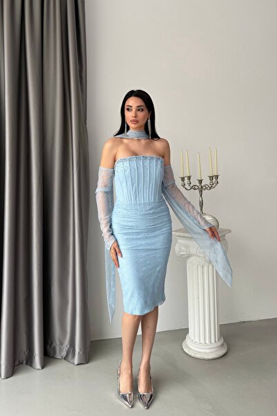 Serica Moda Μπλε πέτρινο κεντημένο με δαντέλα μίντι βραδινό φόρεμα με φουλάρι...