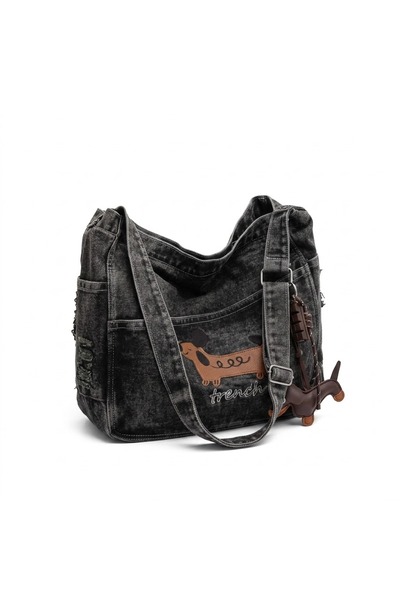 Damee Threads Vintage Black Canvas Tote Bag - Large Capacity Washed Denim-Sty...