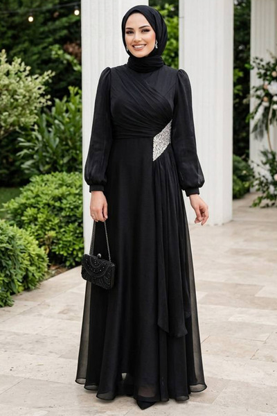 N.S NEVA STYLE Μαύρο Φόρεμα Χιτζάμπ με Λεπτομέρειες από Χάντρες 4916S