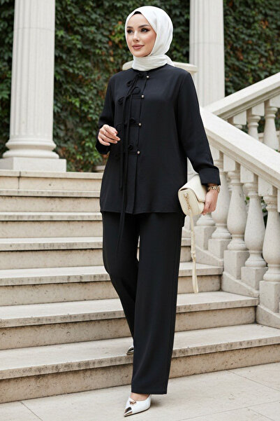 N.S NEVA STYLE Μαύρο Σετ Ισλαμικής Ενδυμασίας με Λεπτομέρεια Φιόγκου, Διπλό Σ...