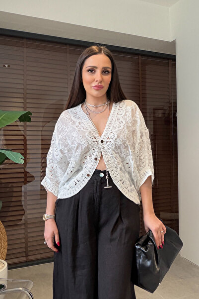 MAGARDE Κιμονά με πούλιες και μακραμέ - ΛΕΥΚΟ