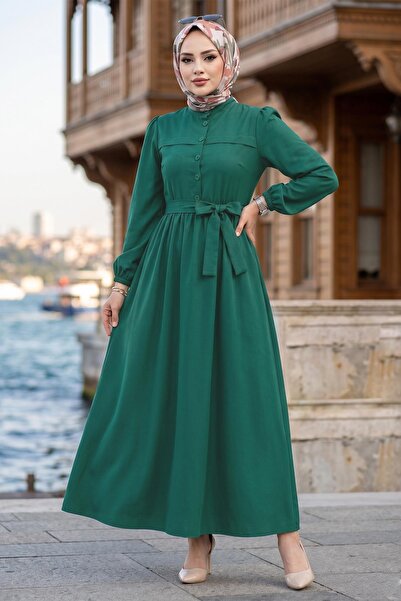 hafsamina Beli Kuşaklı Terikoton Elbise Yeşil HM2908