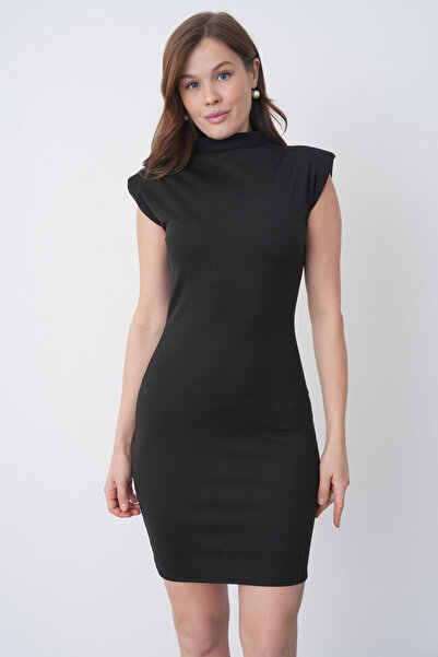 WOMAN VISION Γυναικείο κομψό μαύρο μίνι φόρεμα με ψηλό γιακά και επένδυση 77159