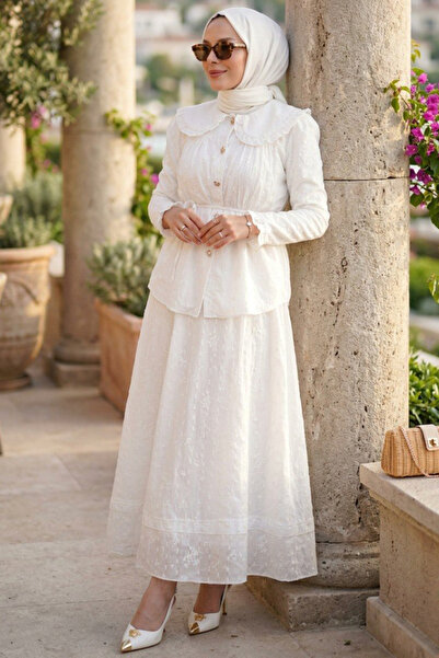 N.S NEVA STYLE Λευκό Τεσεττούρ με Φούστα, Διπλό Σετ 20183B