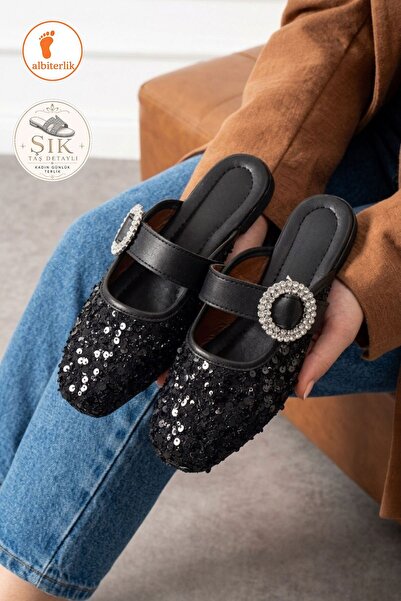 AlbiShoes Payetli Taş Tokalı Şık Günlük Model Kadın Terlik Rahat Taban Toka T...