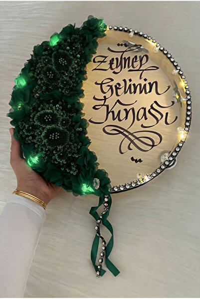 ZEYMERADE Zümrüt Yeşili Ledli Gelin Tefi 32cm, Aplik Çiçek Ve Parlak Taş Süsl...