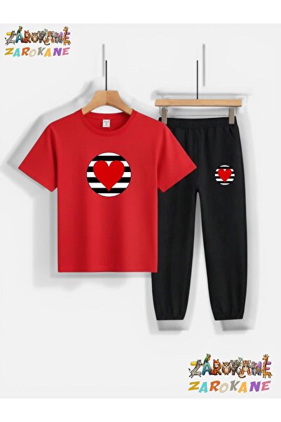 ZAROKANE Heart Printed on Round Neck Bottom-Up Bottom Sweatpants/T-Shirt Chil...