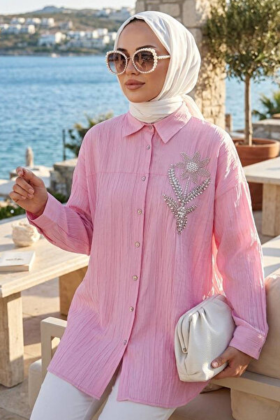N.S NEVA STYLE Ροζ Πουκάμισο Χιτζάμπ με Κουμπιά 10084P