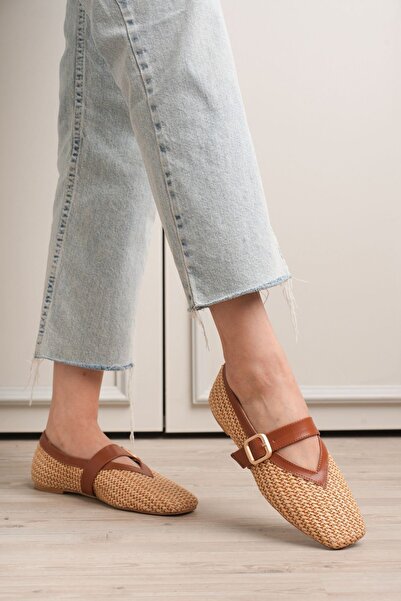 Generic Brand Ponti Taba Skin Straw Detailed Ballerina Shoes