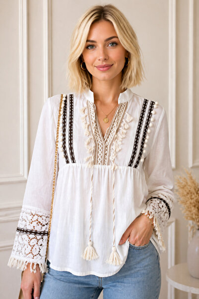 FERHEL Γυναικεία μπλούζα τουνίκ με δαντέλα και φούντες - Λευκό