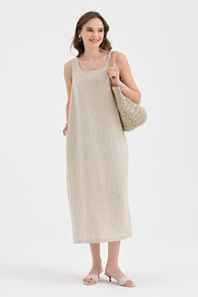 tw3 Γυναικείο μακρύ φόρεμα από 100% λινό, ριγέ, αμάνικο σχέδιο