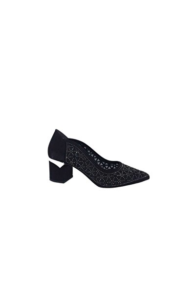 Zerhan İzlife 714 Women's Black Lace Sparkly Pointed Toe Low Heel Evening Dre...