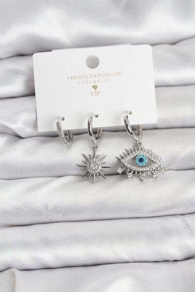 norsary Göz Model Silver Color Brass 3-Piece Women's Earring Set